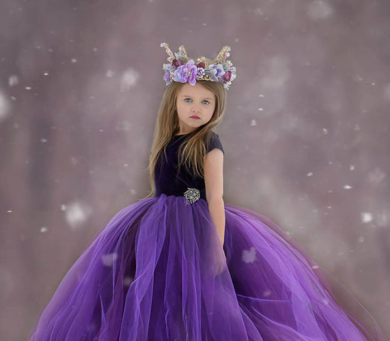 <alt>Beautiful young girl wearing a gold and purple flower crown and a princess dress in the snow</alt>