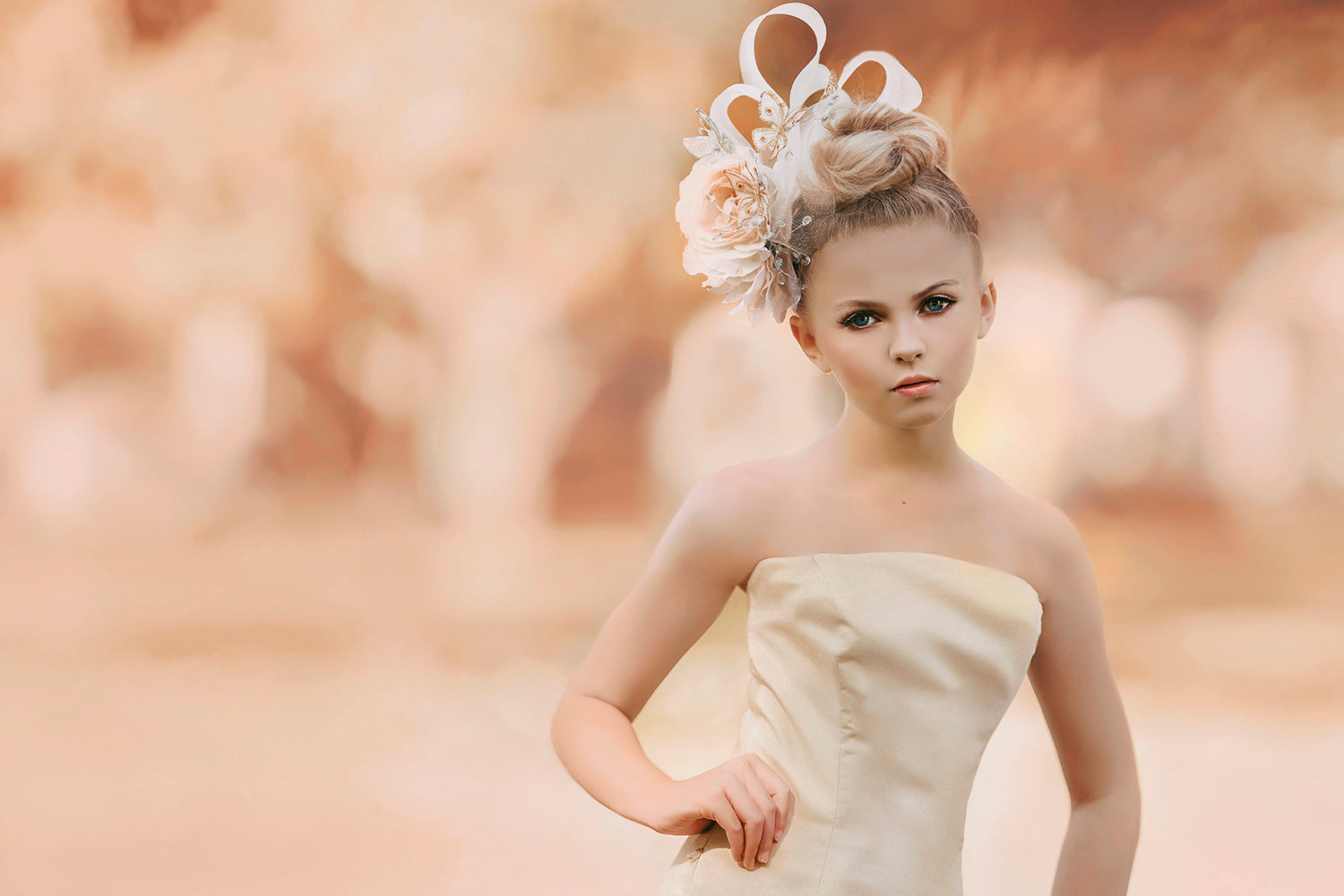 <alt>beautiful young girl in couture handmade headpiece with butterflies and tea roses by honeydrops designs</alt>