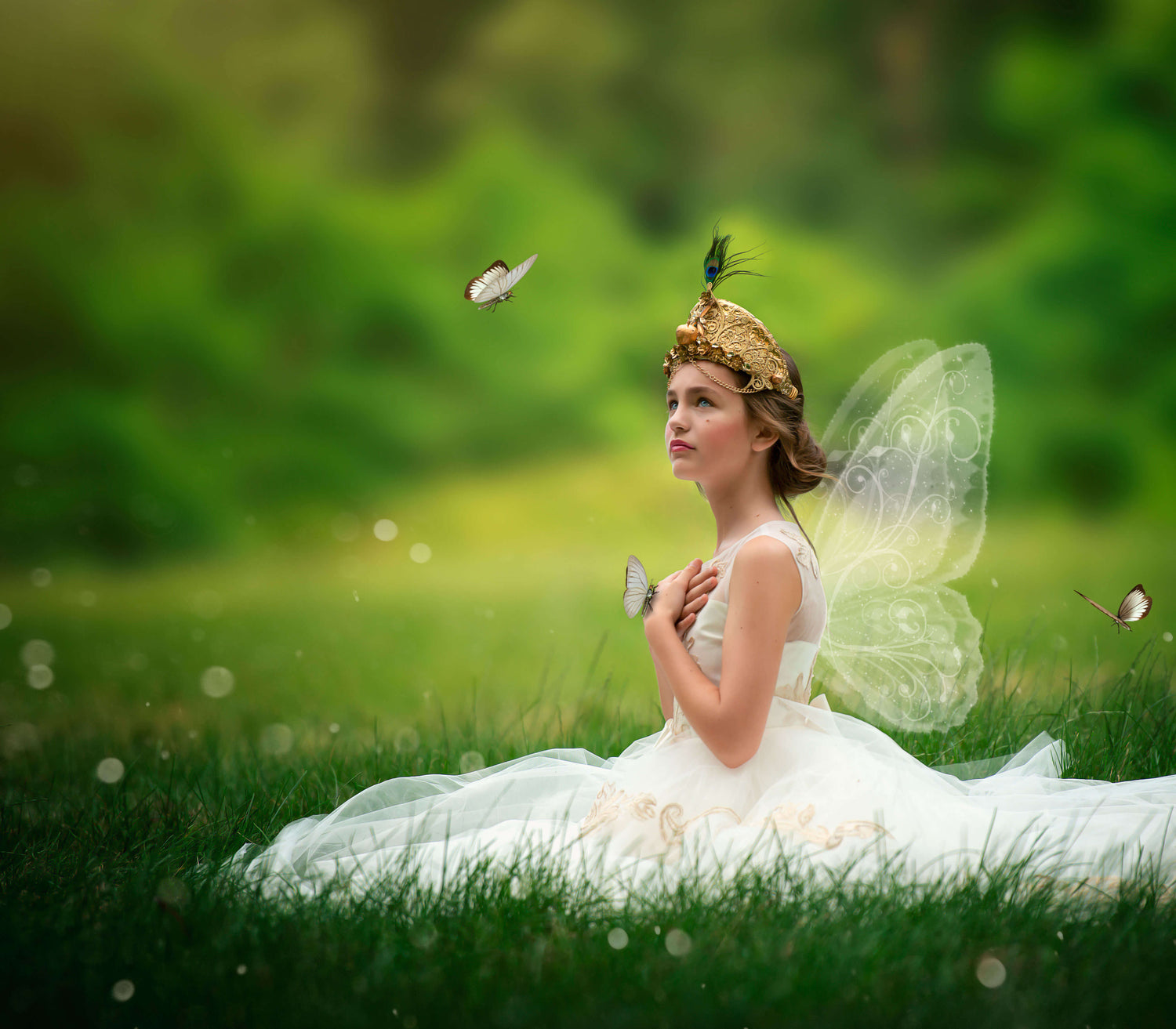 <alt>pretty girl sitting down on the grass wearing a white lace dress and gold greek goddess headpiece looking at butterflies</alt>