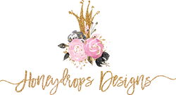 Honeydrops Designs Artisan Handcrafted Headpieces and Home Decor Logo with Pink and Black Roses and Gold Crown