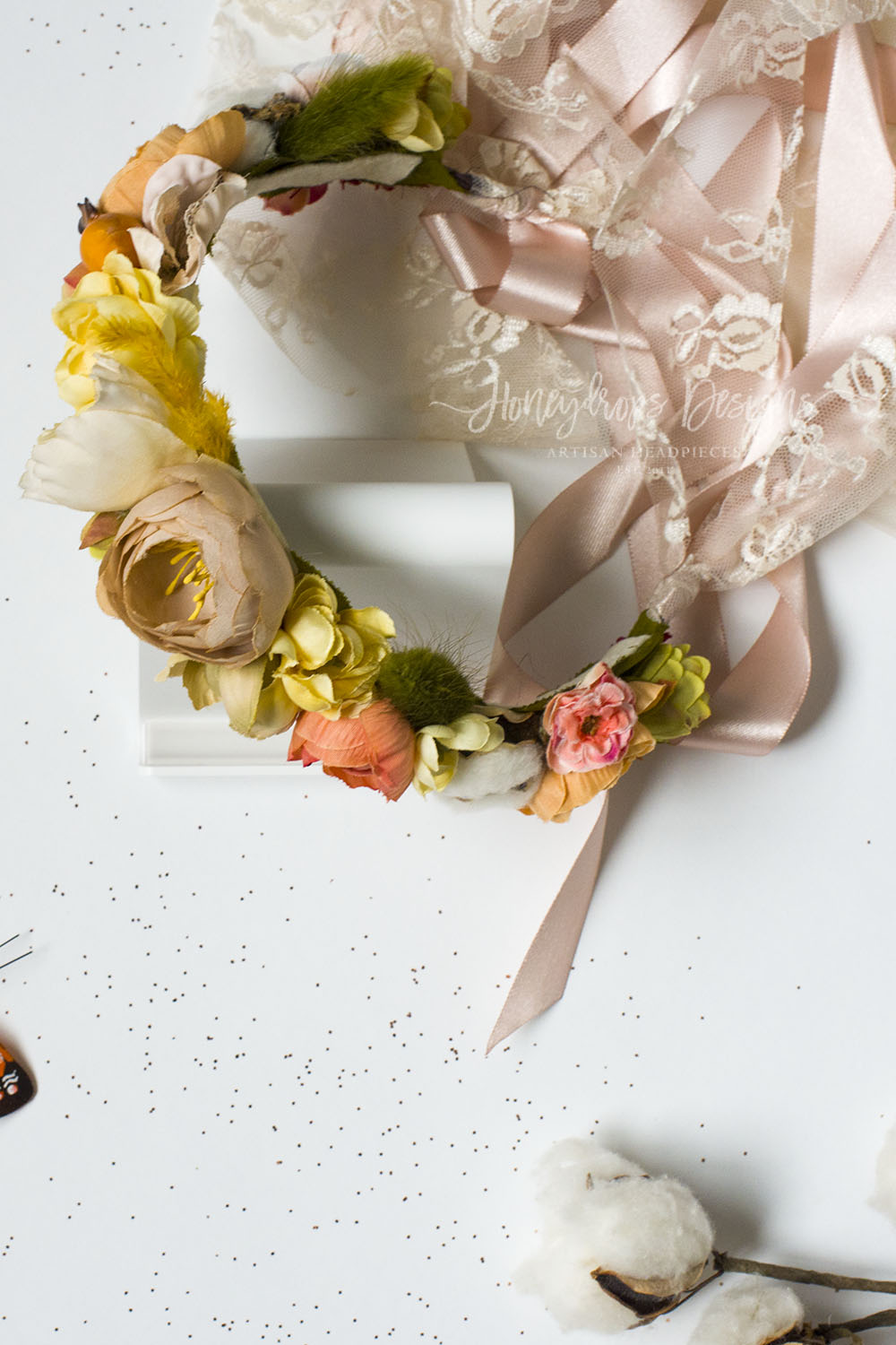 Chloe Rich Autumn Flower Halo Lace and Satin Ties - Honeydrops Designs
